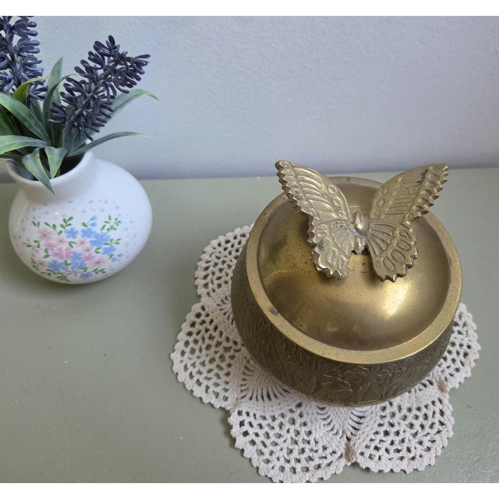 Vintage Brass Butterfly Trinket Box Embossed Floral Jewelry Box